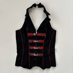 TRIPP NYC Women's Black Red Plaid Tartan Plaid Goth Corset Halter Top MEDIUM
